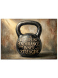 Üzerinde "Discipline Endurance Strength" yazan ağırlık.