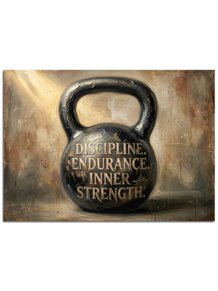 Üzerinde "Discipline Endurance Strength" yazan ağırlık.