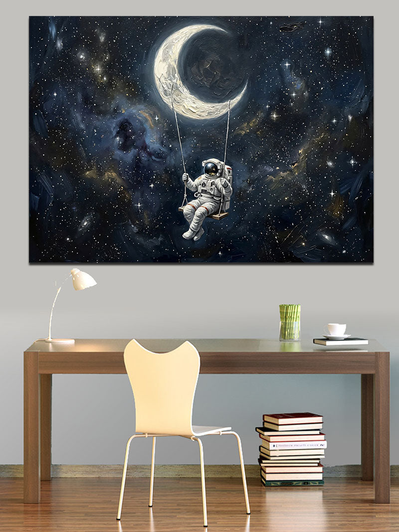Ay'da Oturup Balık Tutan Astronot Kanvas Tablo