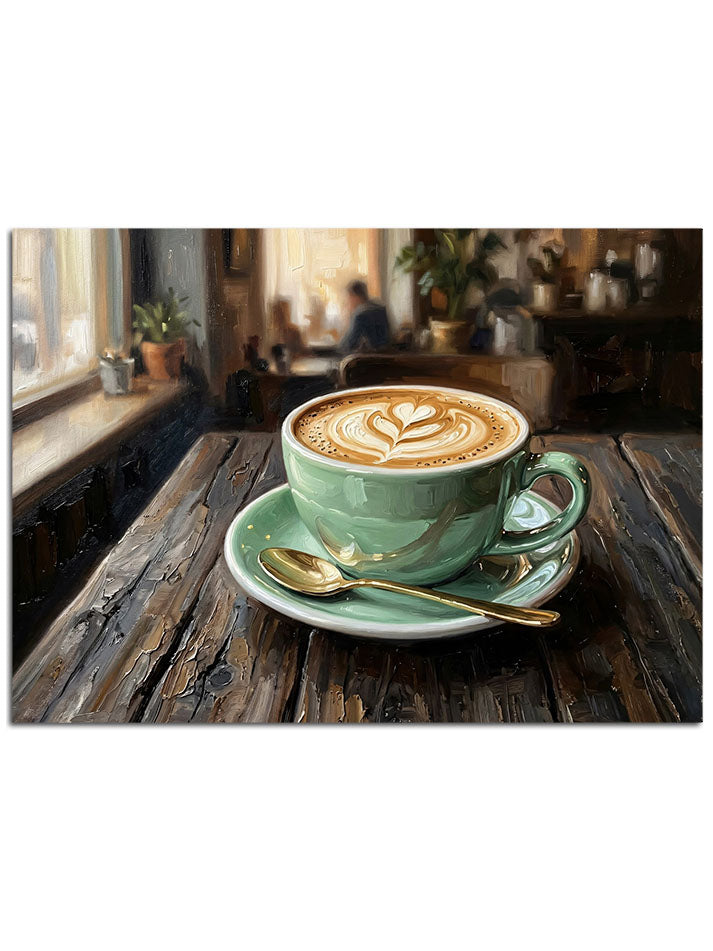 Pencere kenarında, latte sanatlı yeşil fincan.
