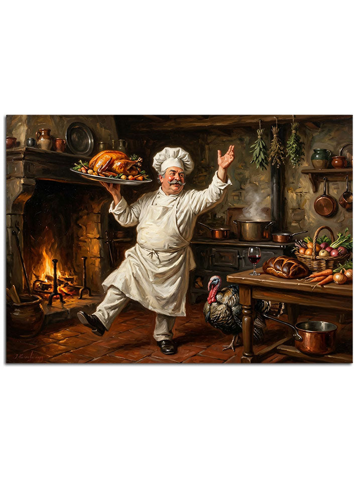Elinde bir tepsiyle neşeyle dans eden aşçı.