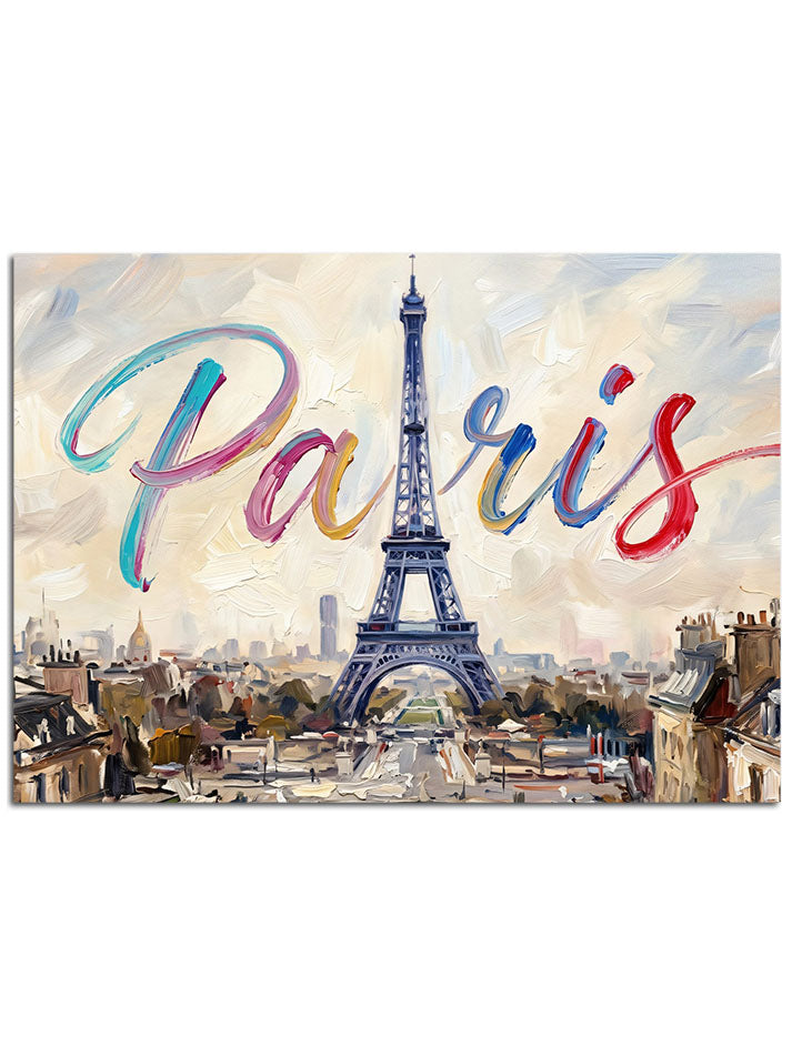 "Paris" yazısı ve Eyfel Kulesi manzaralı tablo.