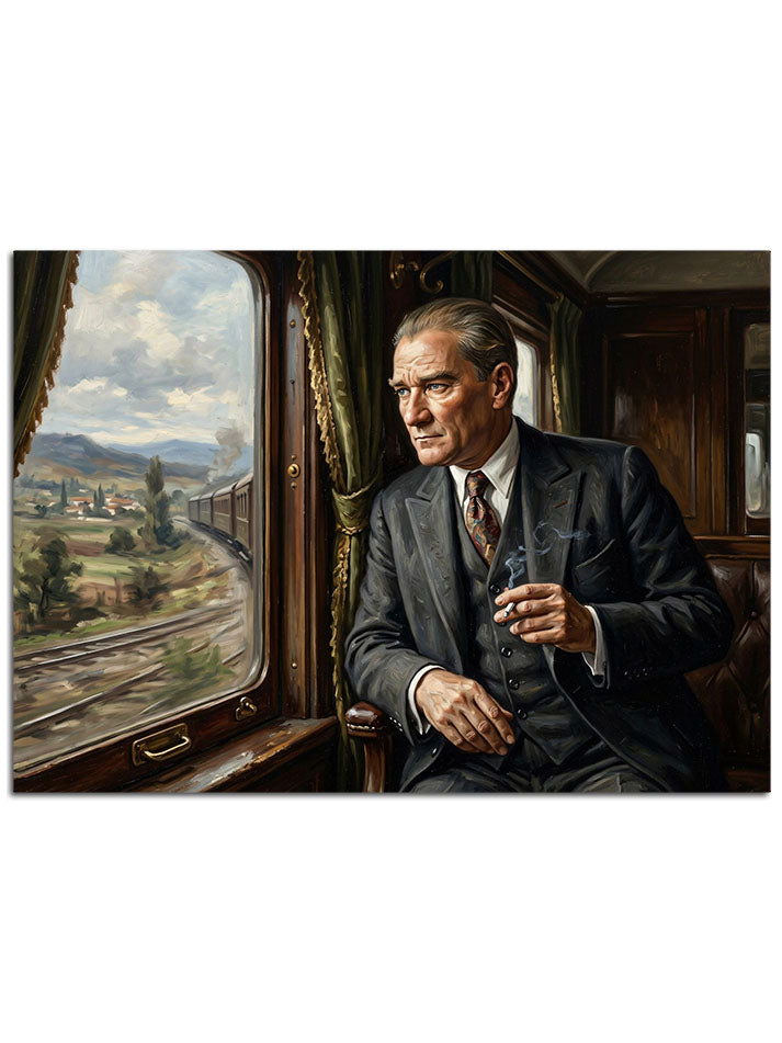 Takım elbiseli bir beyefendinin tren yolculuğu anı.