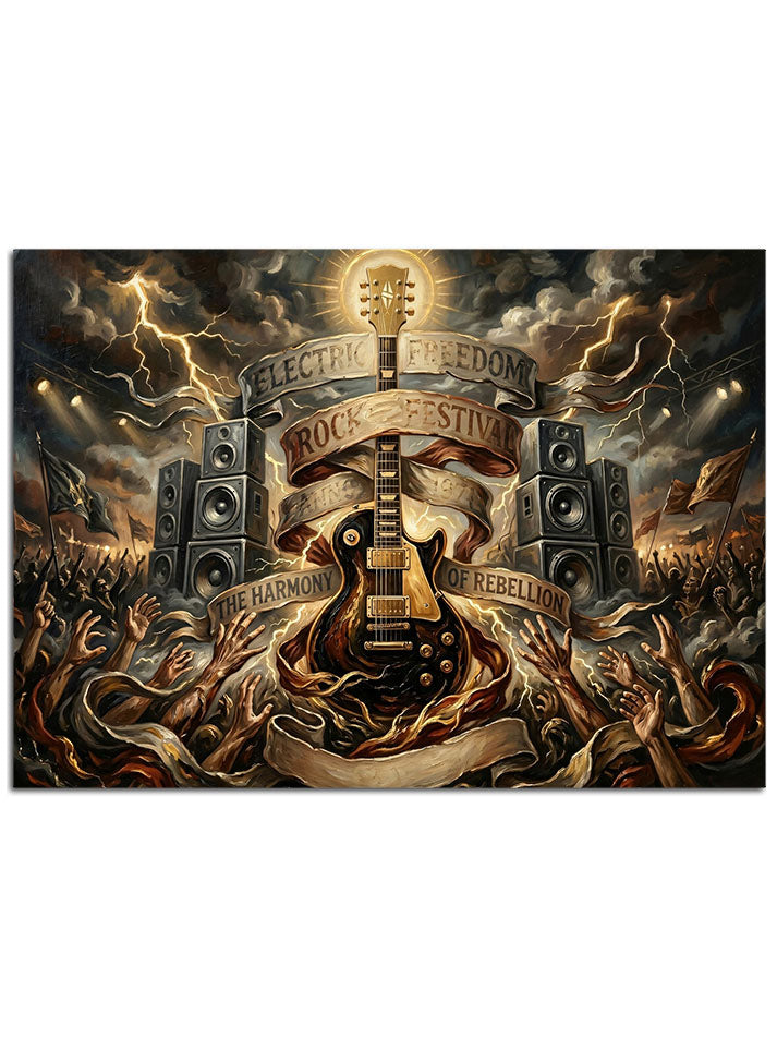Elektro gitar ve müzik sistemlerinden oluşan enerjik sahne.