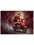 Elinde hediyesiyle motor süren neşeli Noel Baba.