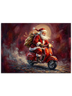 Elinde hediyesiyle motor süren neşeli Noel Baba.