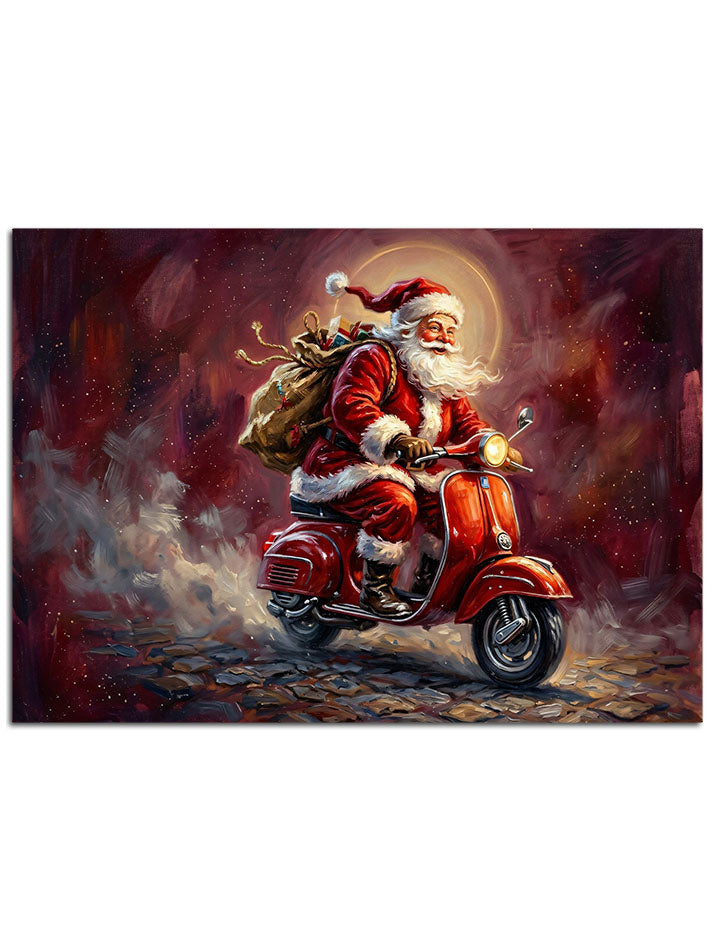 Elinde hediyesiyle motor süren neşeli Noel Baba.
