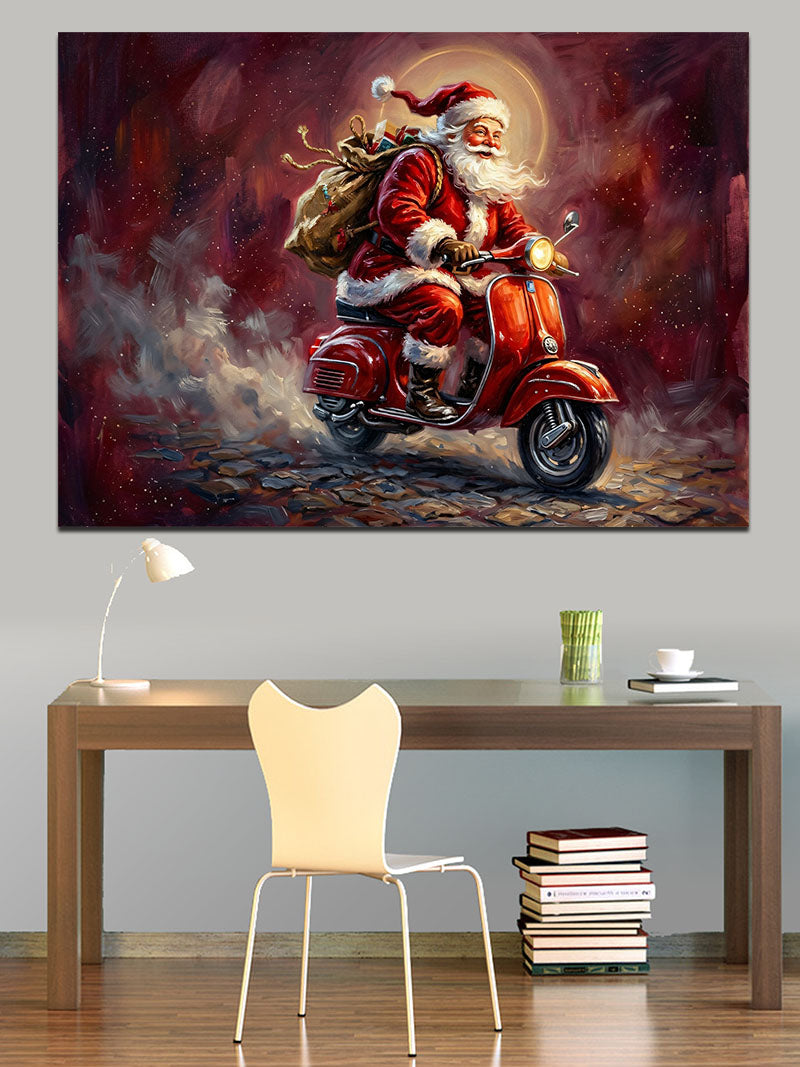 Kırmızı Scooter İle Giden Noel Baba Kanvas Tablo