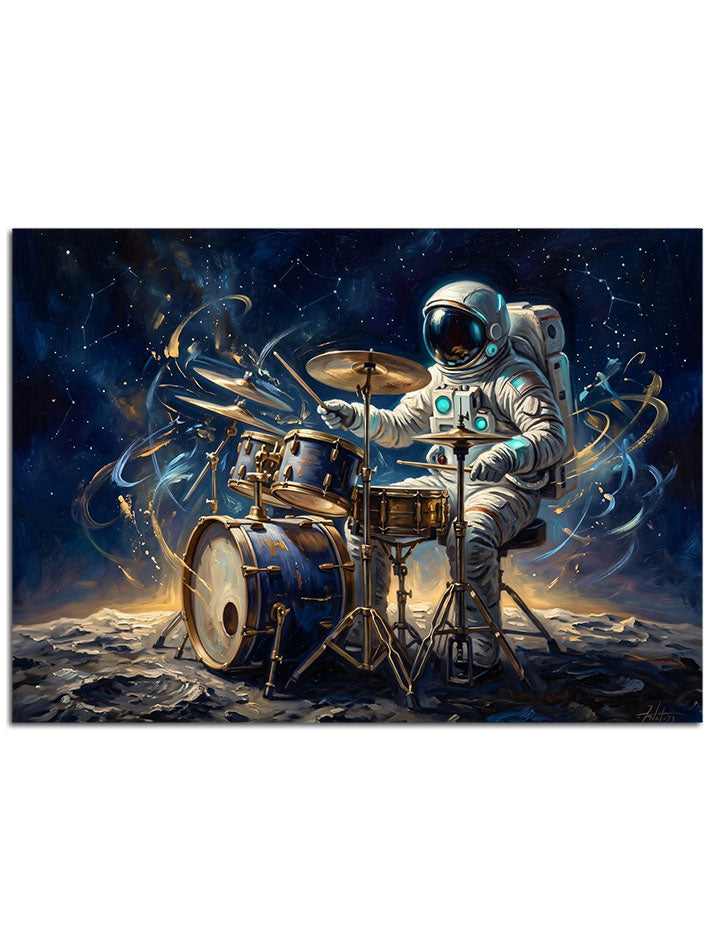 Galaksi içinde davul çalan fantastik bir astronot.