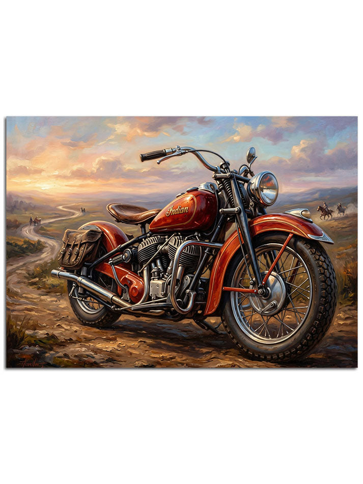 Dağ manzarasında park edilmiş parlayan kırmızı motor.