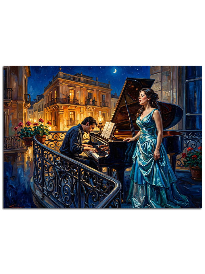 Gece şehir manzarasında klasik bir müzik anı.