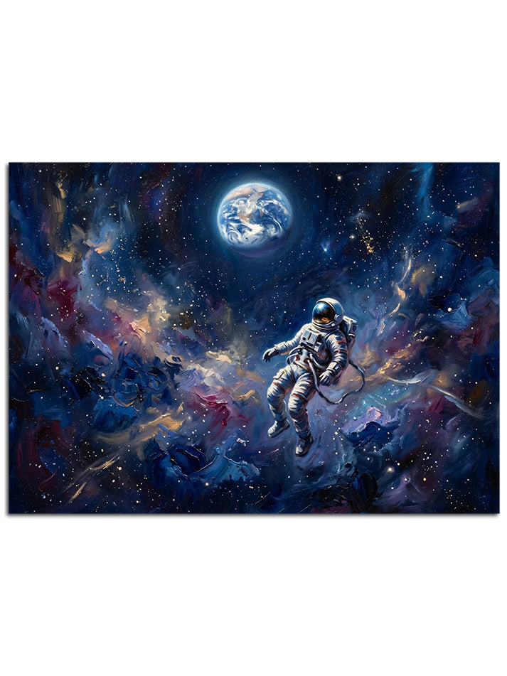 Yıldızlar ve mavi nebula arasında uçan astronot.