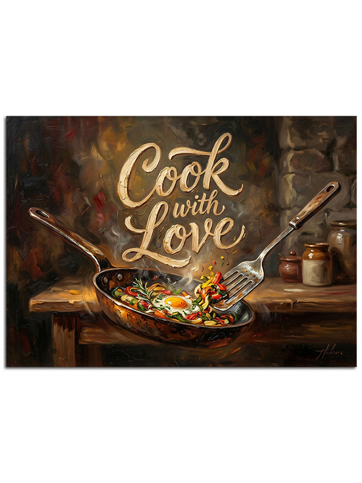 "Cook with Love" yazılı, dumanı üstünde tava.