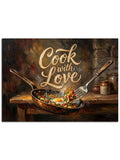 "Cook with Love" yazılı, dumanı üstünde tava.