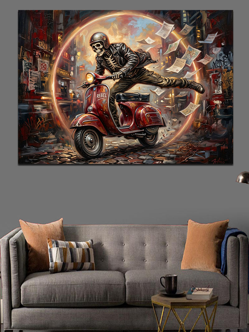 Daire İçinde Scooter Süren İskelet Kanvas Tablo