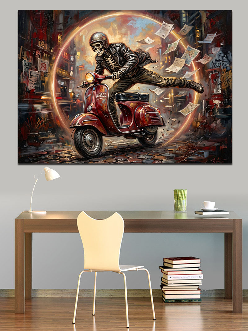 Daire İçinde Scooter Süren İskelet Kanvas Tablo