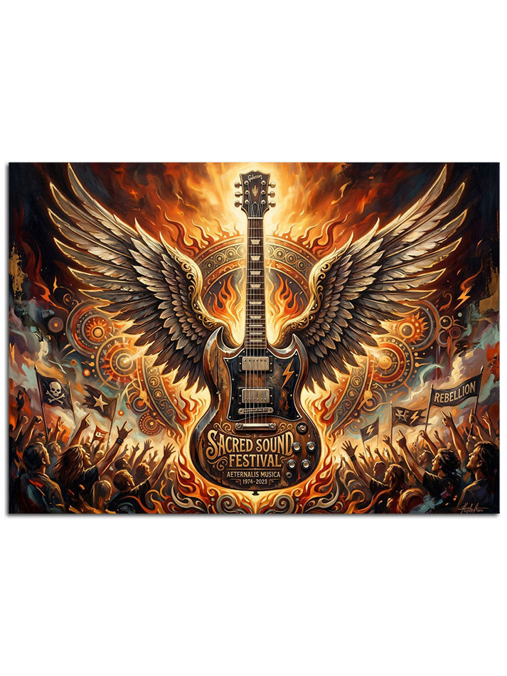 Ateşler arasından yükselen, melek kanatlı rock gitarı.