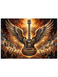 Ateşler arasından yükselen, melek kanatlı rock gitarı.