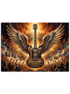 Ateşler arasından yükselen, melek kanatlı rock gitarı.