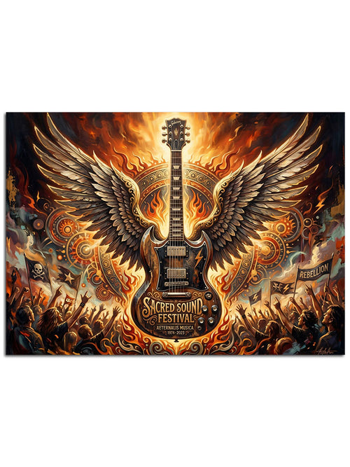 Ateşler arasından yükselen, melek kanatlı rock gitarı.