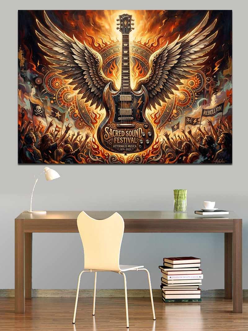 Alevler İçinde Kanatlı Elektro Gitar Kanvas Tablo