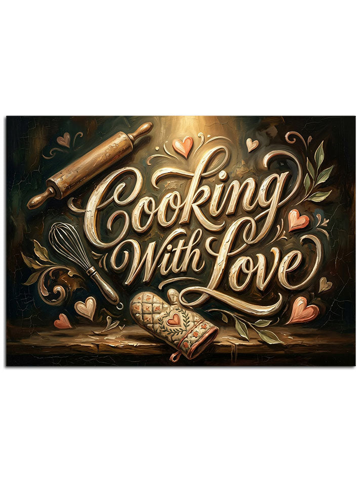 "Cooking With Love" yazılı, oklava ve mutfak araçlı pano.
