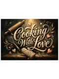 "Cooking With Love" yazılı, oklava ve mutfak araçlı pano.