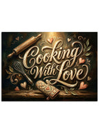 "Cooking With Love" yazılı, oklava ve mutfak araçlı pano.