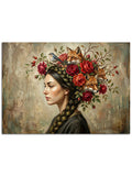 Başı kırmızı güllerle çevrili, düşünceli kadın portresi.