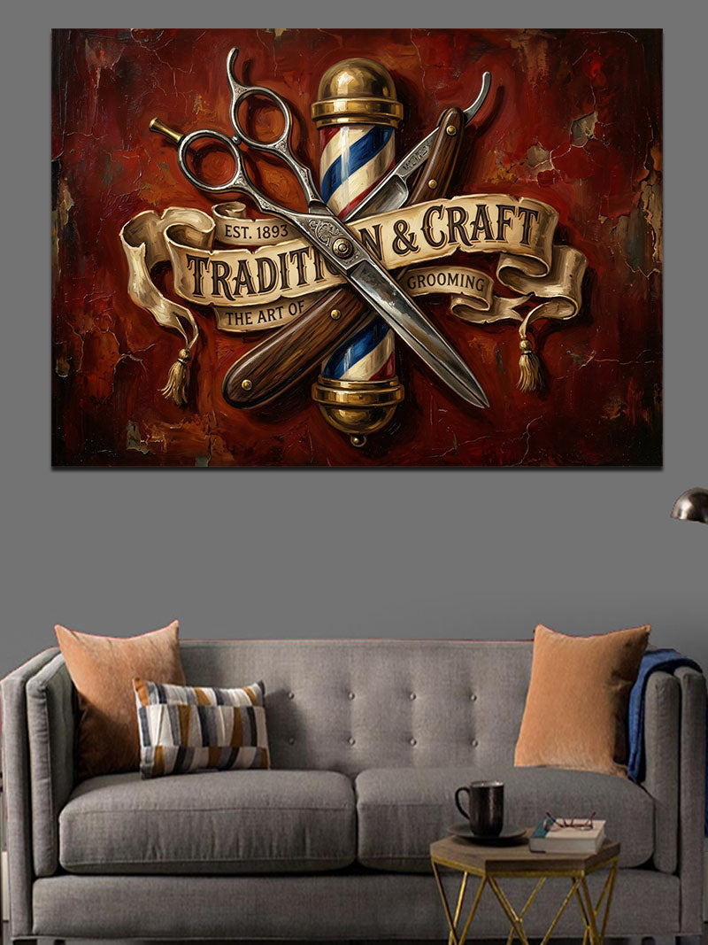 Barber Tradition Craft Vintage Logo Kanvas Tablo