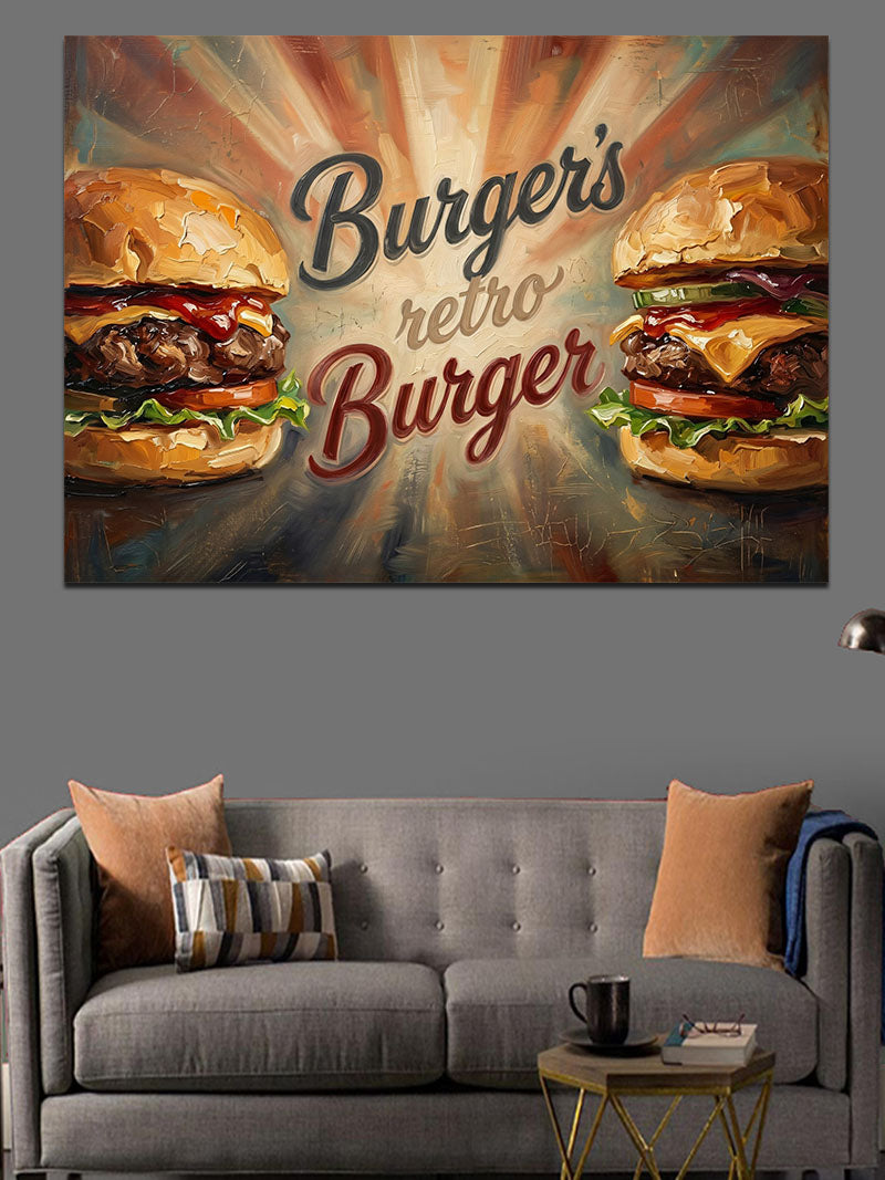 Retro Burger Restoran Tabelası Tasarımı Kanvas Tablo