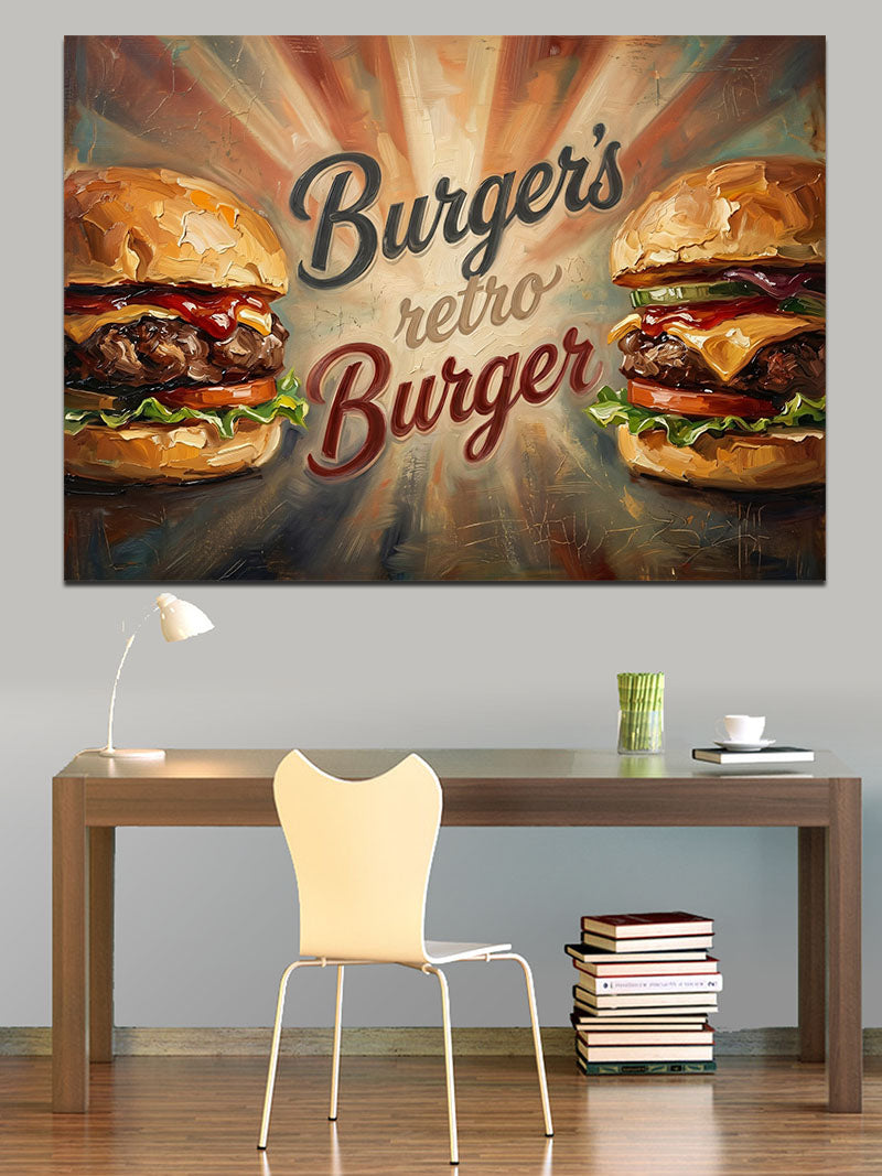 Retro Burger Restoran Tabelası Tasarımı Kanvas Tablo
