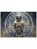 "Space Adventure" yazılı dairesel astronot amblemi.