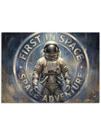 "Space Adventure" yazılı dairesel astronot amblemi.