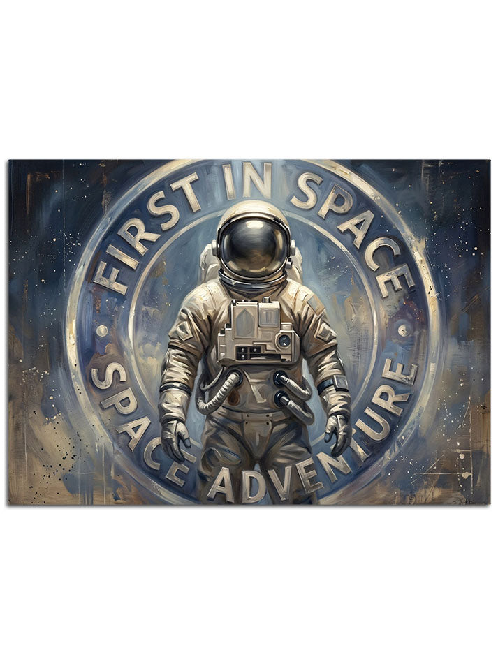 "Space Adventure" yazılı dairesel astronot amblemi.