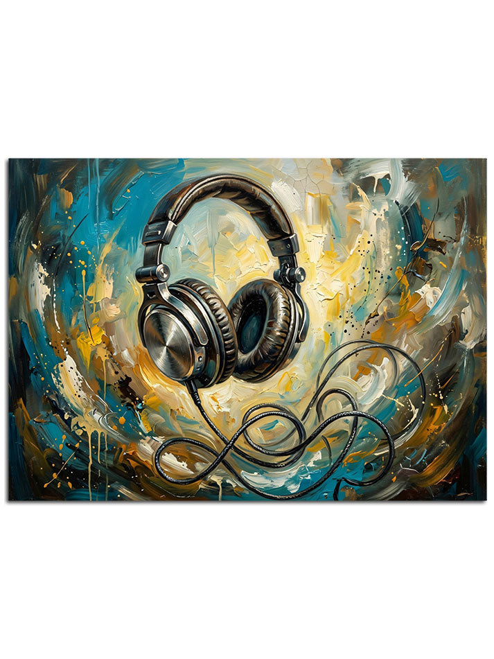 Renkli dumanlar ve enerji içindeki müzik kulaklığı.