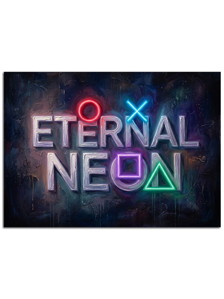 Neon ışıklı üçgen içinde parlayan oyun tuşları.
