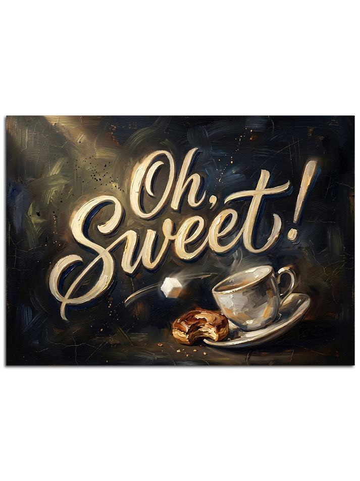 "Oh Sweet!" yazılı, kahve fincanı ve kurabiyeli pano.
