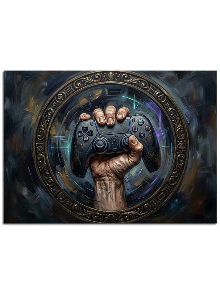 Yıldızlar arasında bir gamepad'i kavrayan eller.