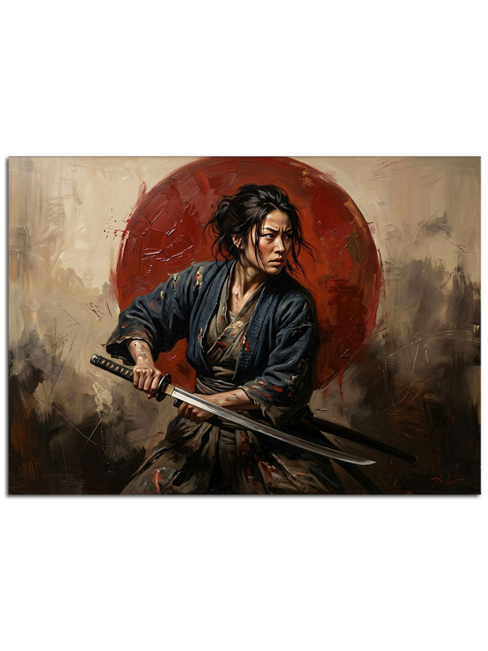 Elinde kılıcıyla kararlı duran Japon kadın savaşçı.