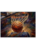 Alevler içinde potadan geçen dinamik basketbol topu tasarımı.