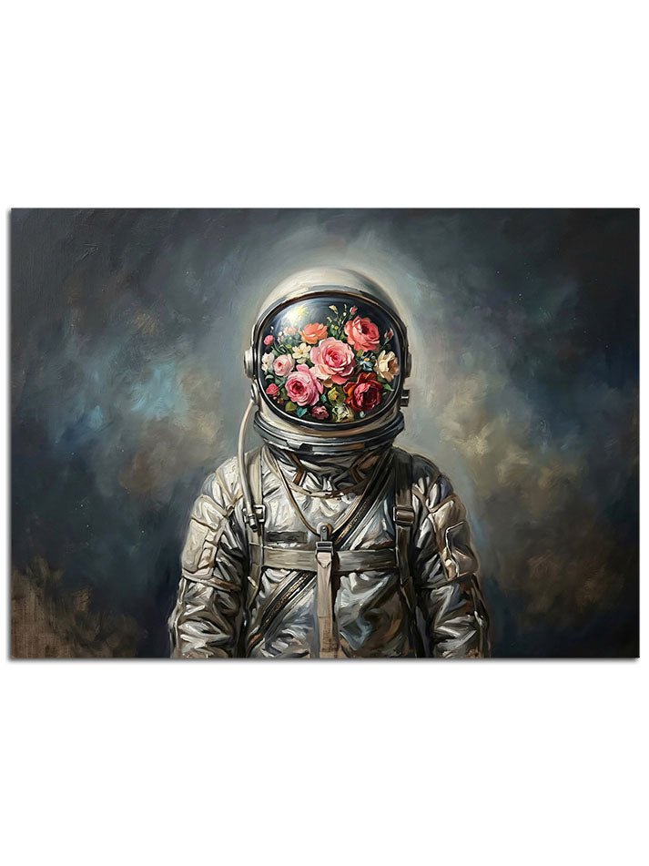 Kaskının içi rengarenk çiçeklerle dolmuş bir astronot figürü.