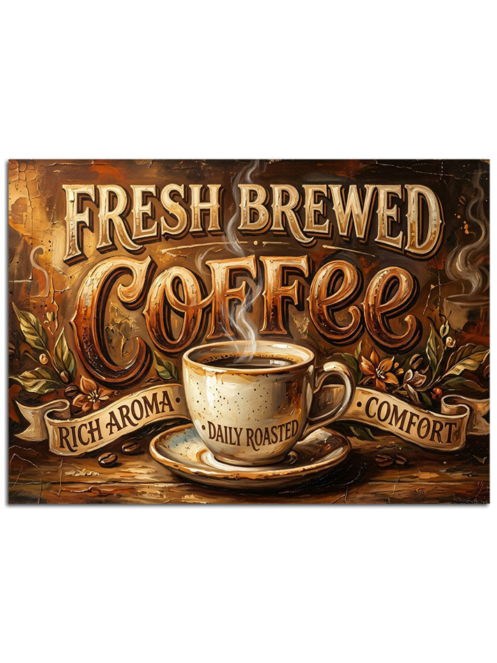 "Fresh Brewed Coffee" yazılı, buharlı kahve panosu.