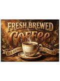 "Fresh Brewed Coffee" yazılı, buharlı kahve panosu.