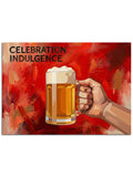 "Celebration Indulgence" yazılı, köpüklü bira bardağı.