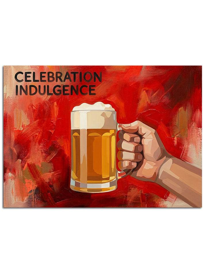 "Celebration Indulgence" yazılı, köpüklü bira bardağı.