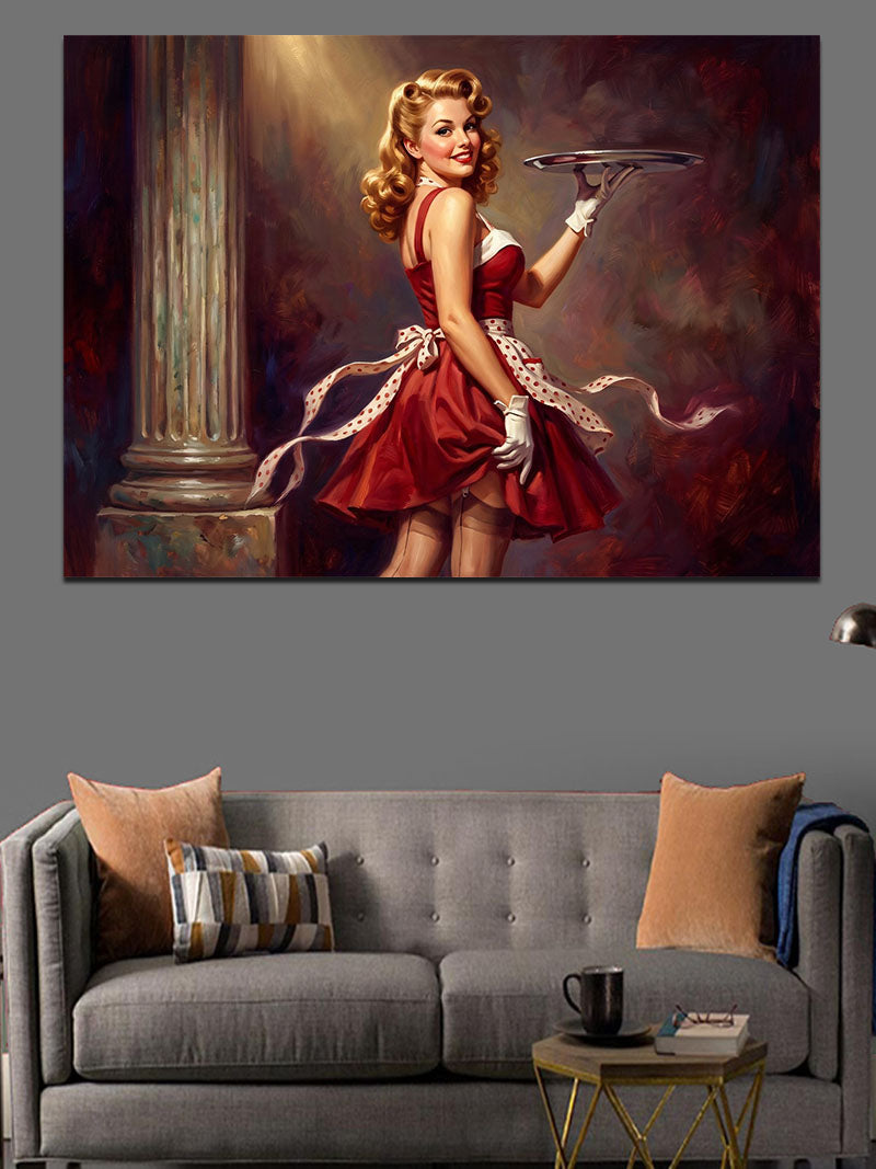 Kırmızı Elbiseli Neşeli Pin-Up Kadın Kanvas Tablo