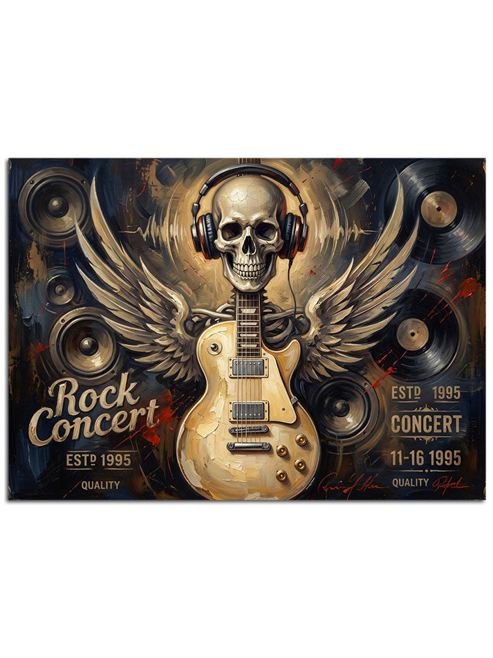 "Rock Concert" yazılı, kanatlı elektro gitar amblemi.