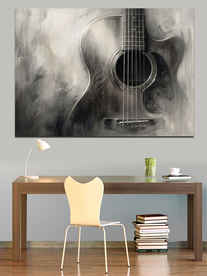 Kömür Kalem Çalışması Akustik Gitar Kanvas Tablo