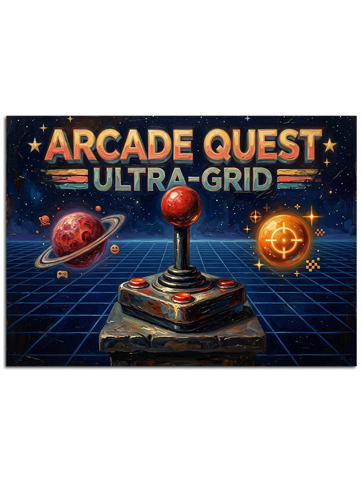 "Arcade Quest" yazılı, retro oyun makinesi ve galaksi temalı pano.